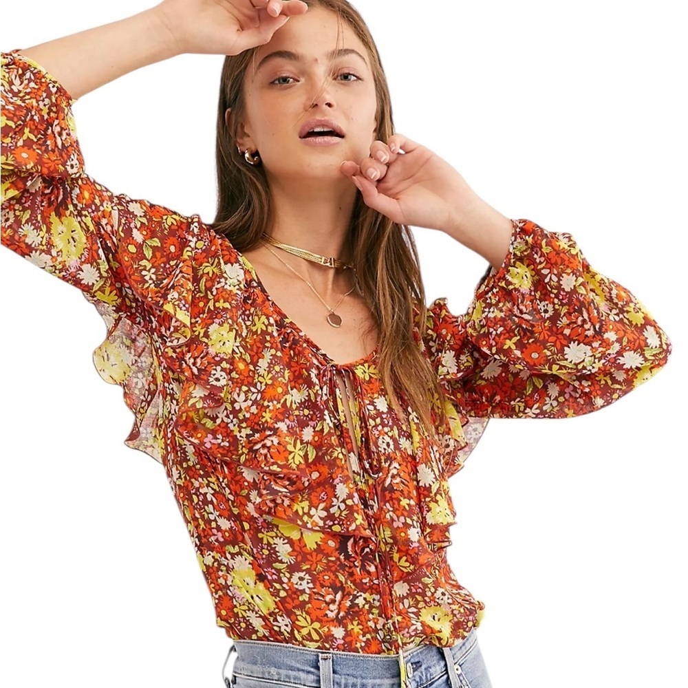Free People Juniors Say It To Me Bodysuit Orange Yellow Sheer XS - Picture 4 of 8